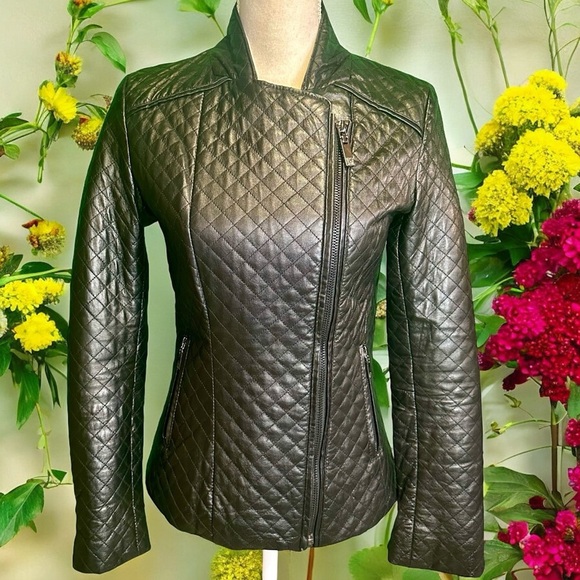 Anne Klein Black 100% Genuine Leather Quilted Moto Jacket Size XS - Picture 1 of 14